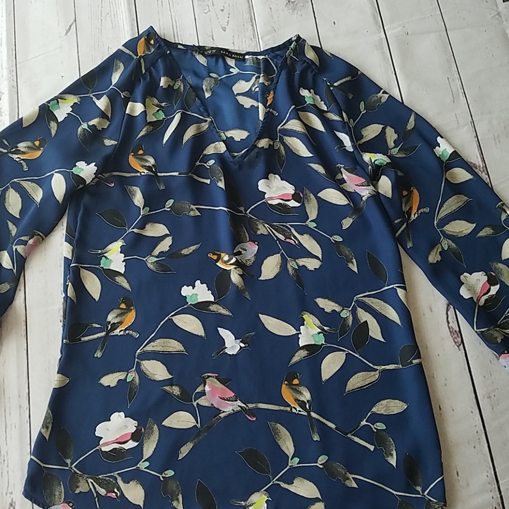 Zara basic blue with beige bird print top sz XS